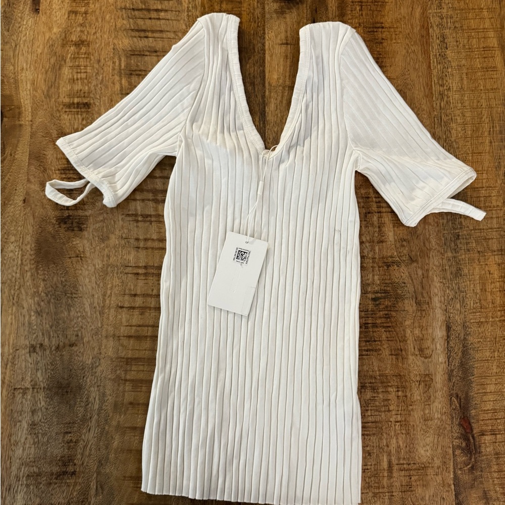 Helmut Lang White Ribbed V-Neck tunic Top blouse arm cutouts 3/4 sleeves XS nwt